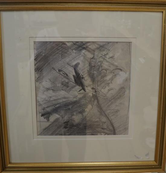 Douglas Ettridge (1927-2009), pencil drawing, Spitfire amongst clouds, Studio stamp verso, 23 x 23cm